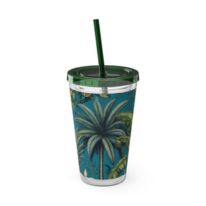 Tropical Tumbler with Straw | 16 oz: Tropical Palms & Fruit, Blue