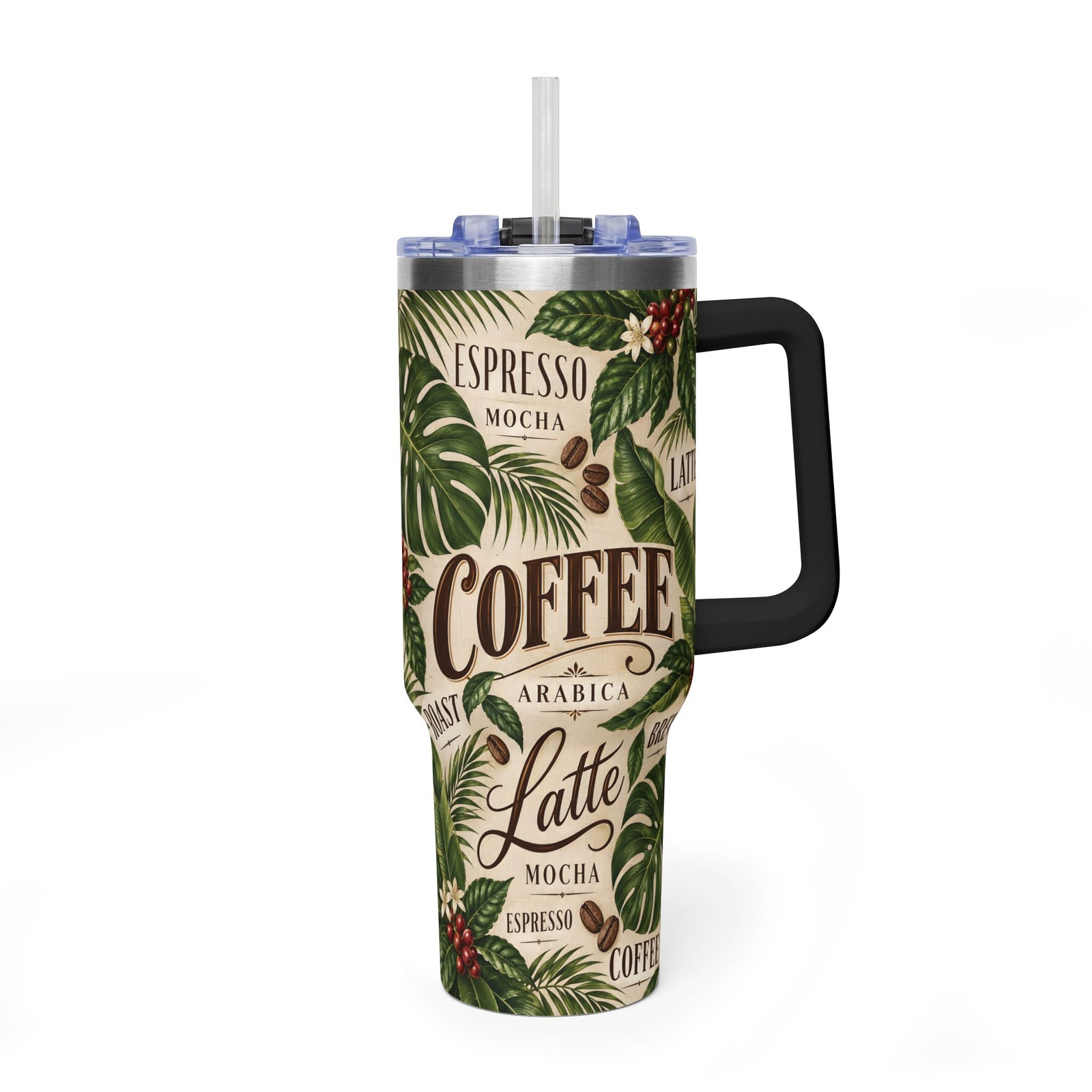 40oz Coffee Tumbler — Tropical Coffee Leaf Vacuum Insulated Cup