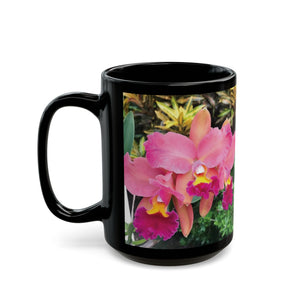 Black Coffee Mug - Triple Pink Orchids