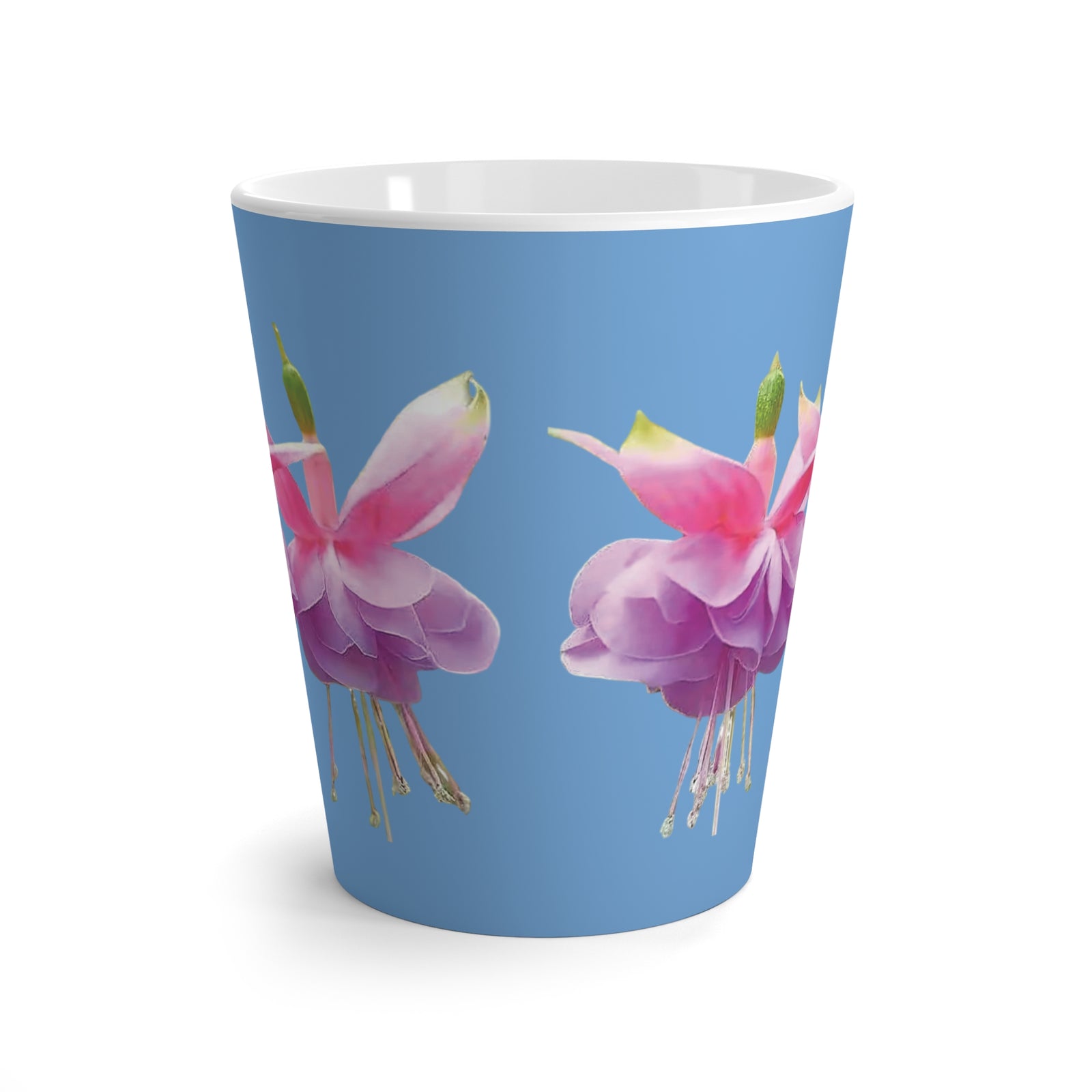 Latte White Mug, Floral - Tropical Fuschsias/Lt. Blue