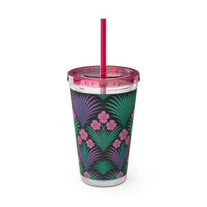 Tropical Tumbler with Straw | 16 oz: Midnight Hibiscus Deco, Pink