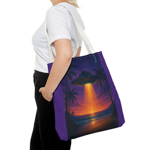 UFO at Beach Sunset Tote Bag, Purple - 3 Sizes