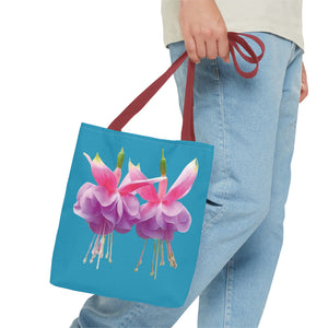 Two Fuschsias Tropical Flower Tote Bag/Turquoise - 3 Sizes