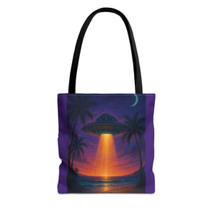 UFO at Beach Sunset Tote Bag, Purple - 3 Sizes