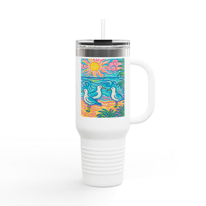 Insulated Travel Mug, 40oz / Tropical Beach Seagulls - Perfect for Outdoor Adventures