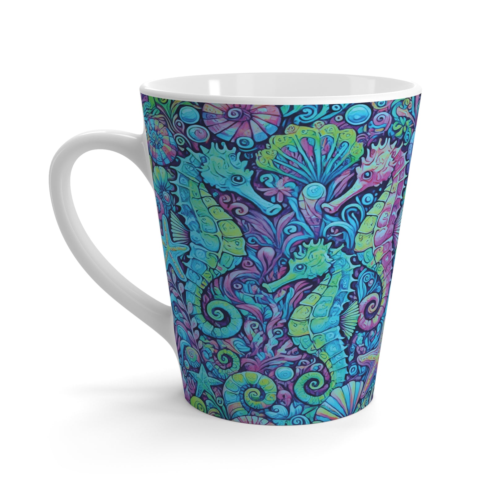 Latte White Mug - Seahorses, Turquoise Pop
