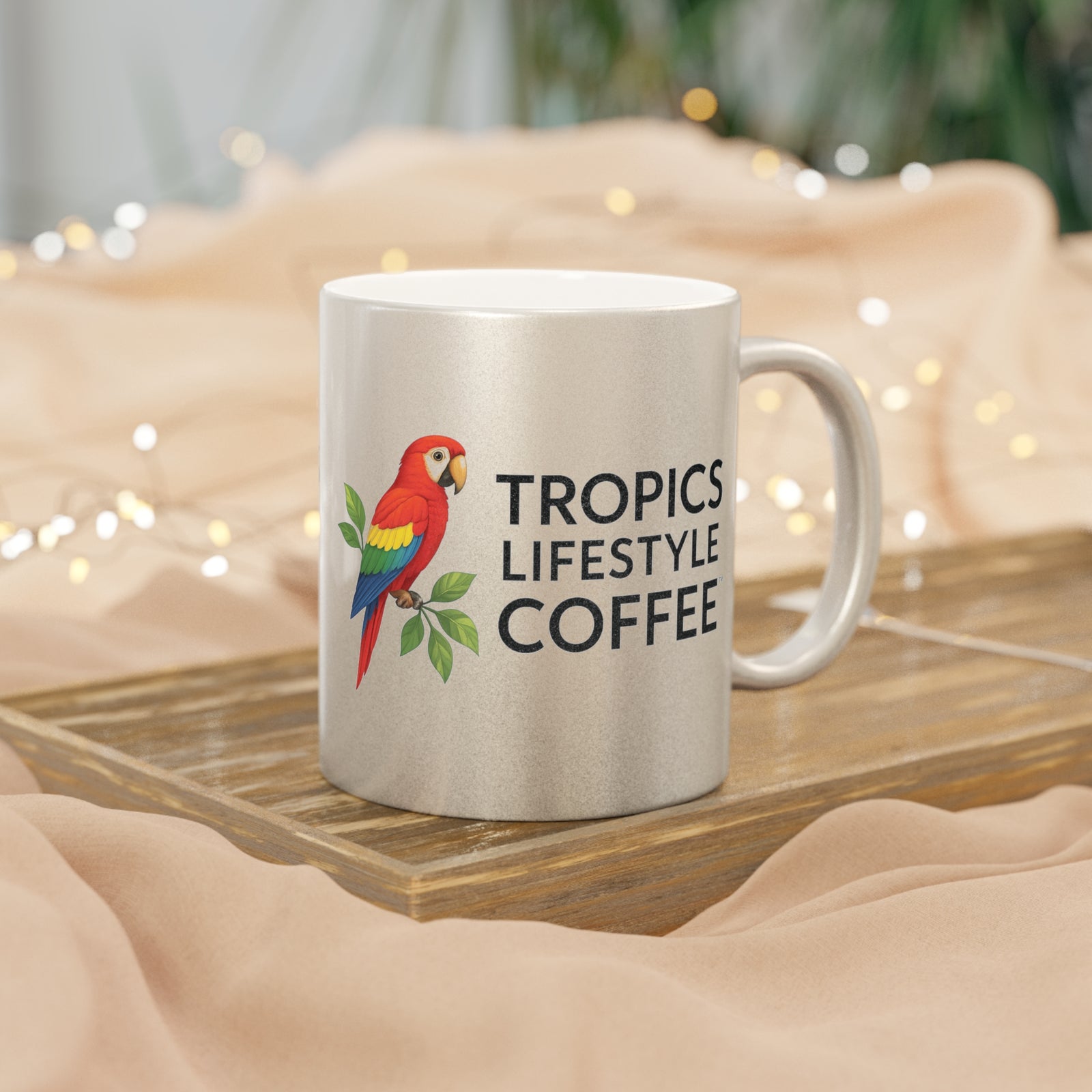 Tropical Metallic Mug, Silver - Tropics Lifestyle Coffee Parrot Logo