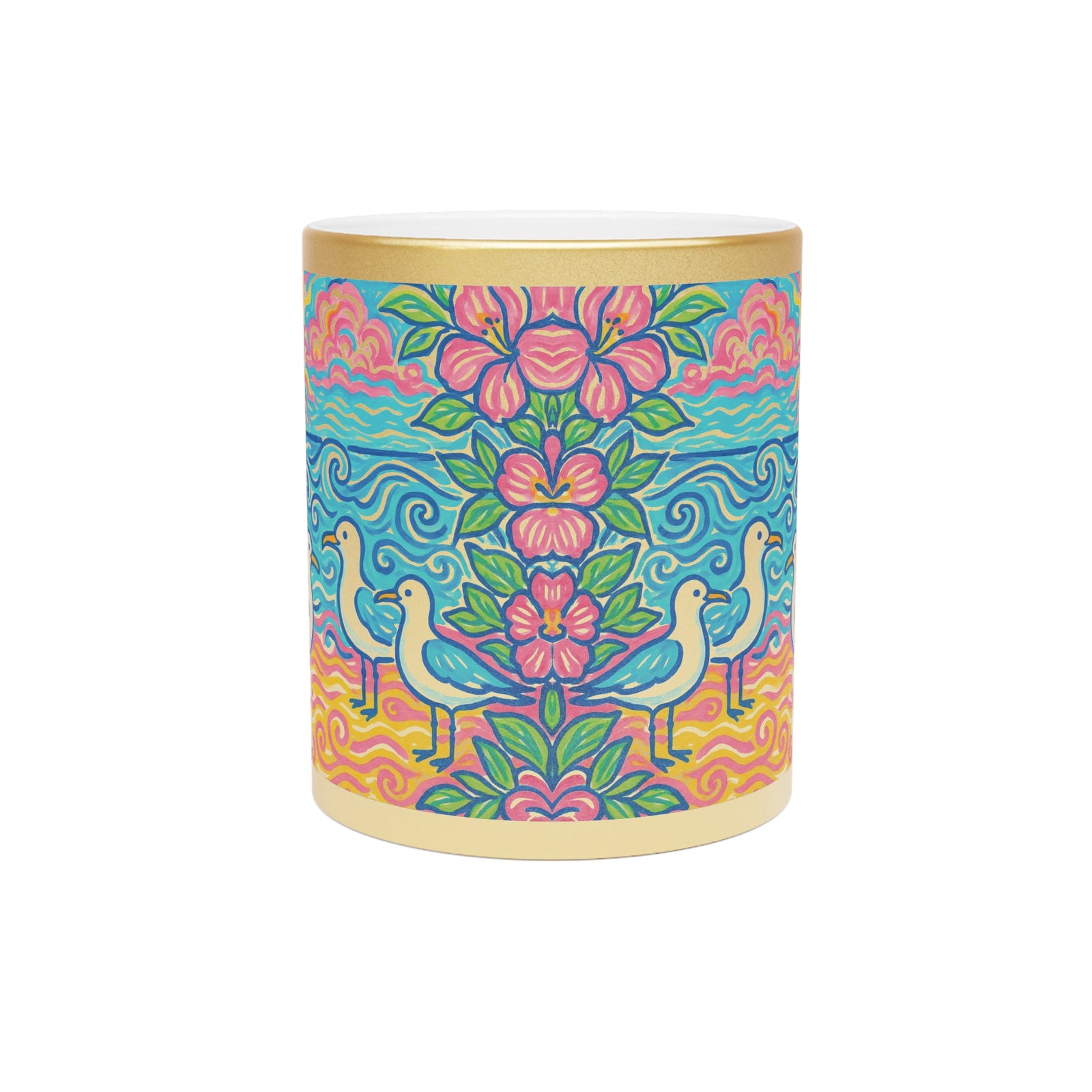 Tropical Metallic Mug, Gold or Silver - Tropical Beach Seagulls