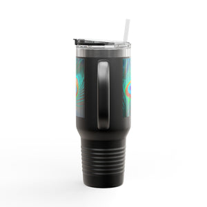 Insulated Travel Mug, 40oz / Peacock Eye Feather, Turquoise- Perfect for Outdoor Adventures