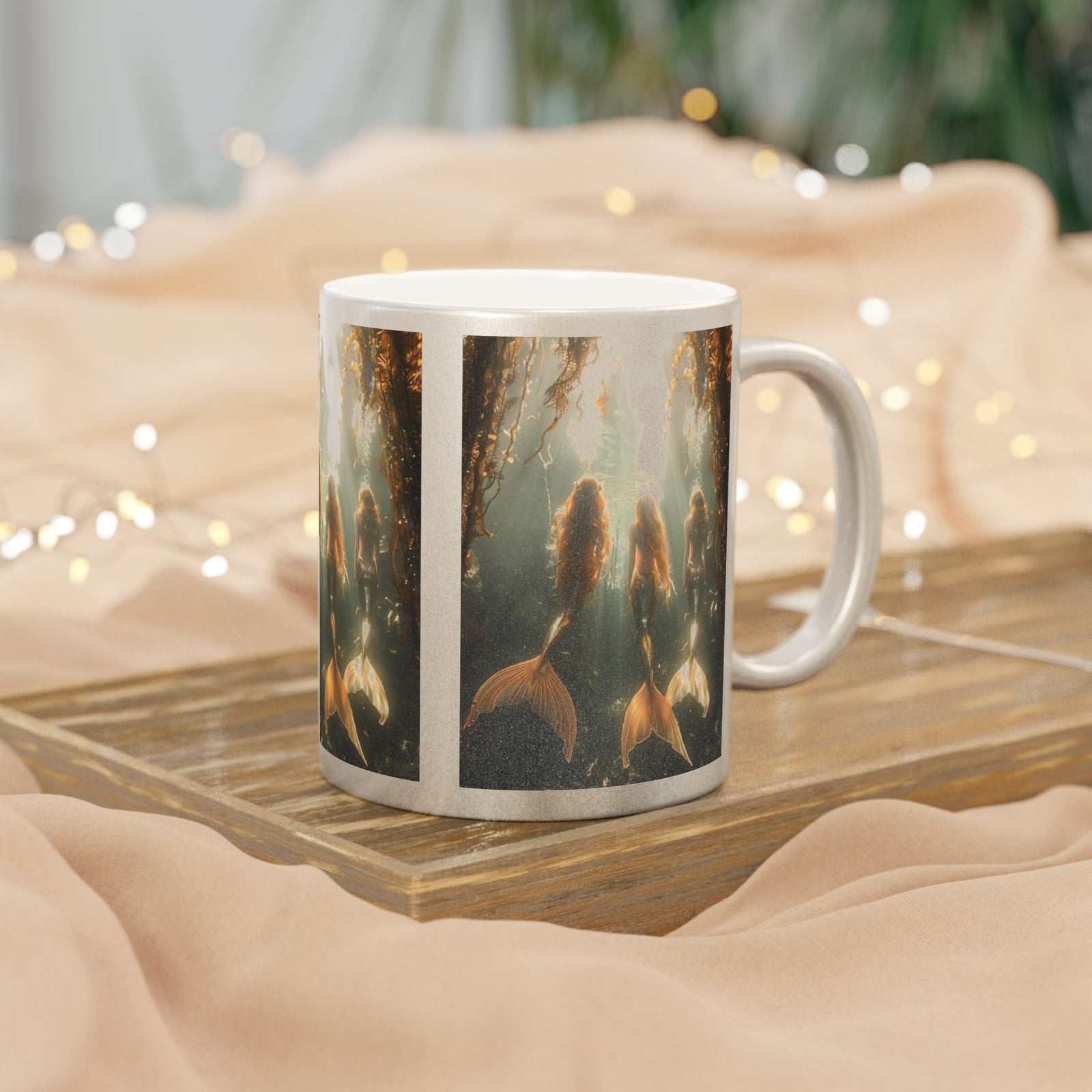 Tropical Metallic Mug, Silver - Mermaid Trio