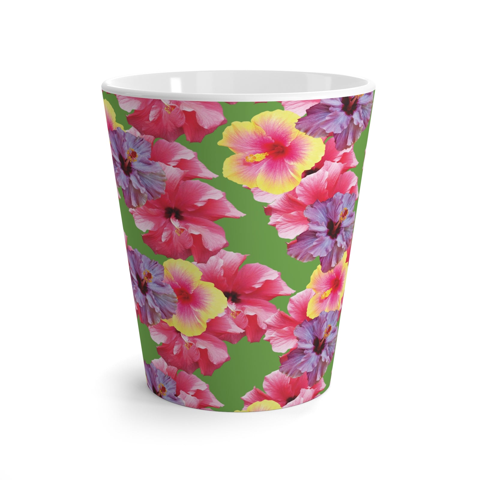 Latte White Mug - Real Hisbiscus Flowers Trio/Green