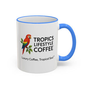 Accent Rim & Handle Coffee Mug ~ Tropics Lifestyle Coffee Parrot Logo