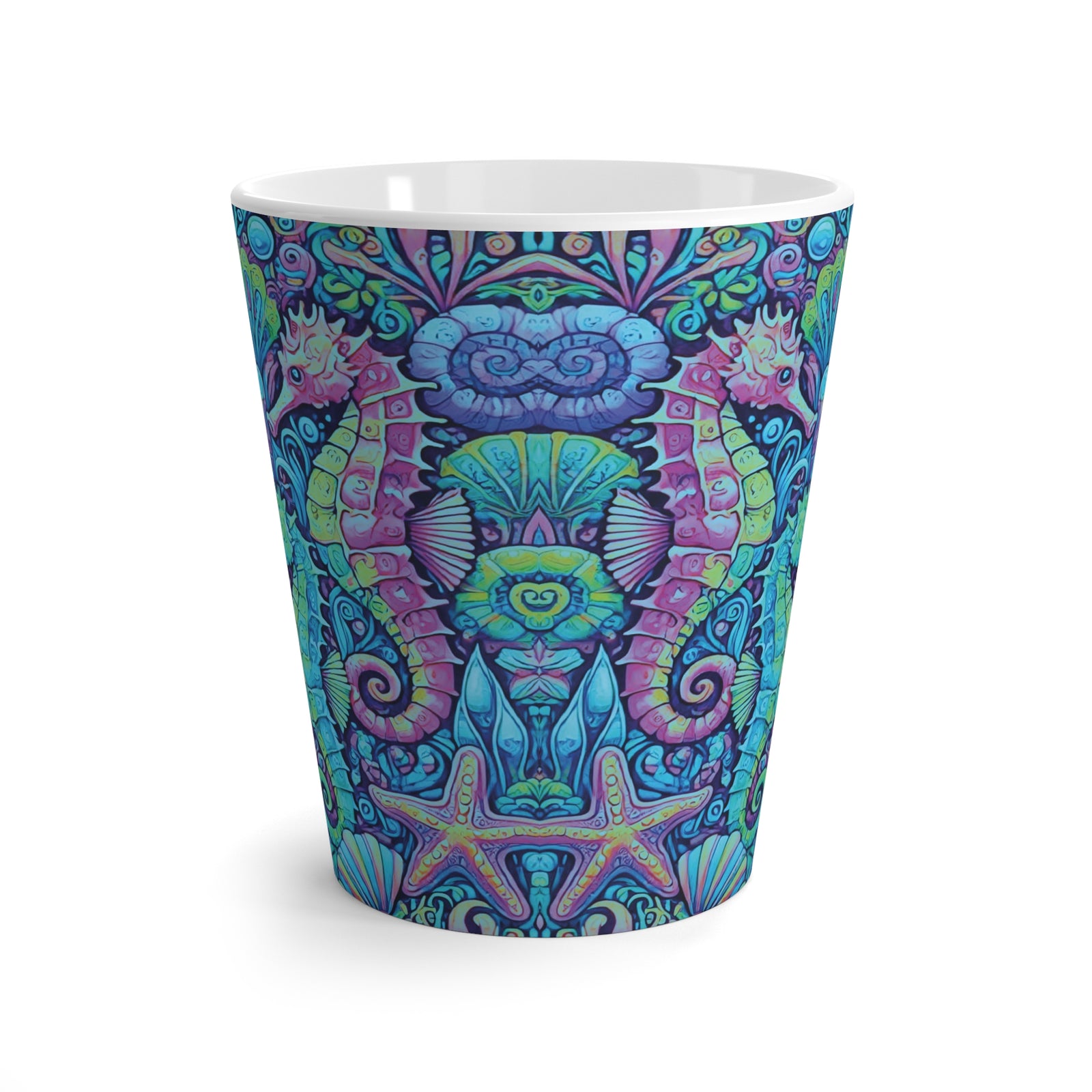 Latte White Mug - Seahorses, Turquoise Pop