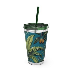 Tropical Tumbler with Straw | 16 oz: Tropical Palms & Fruit, Blue