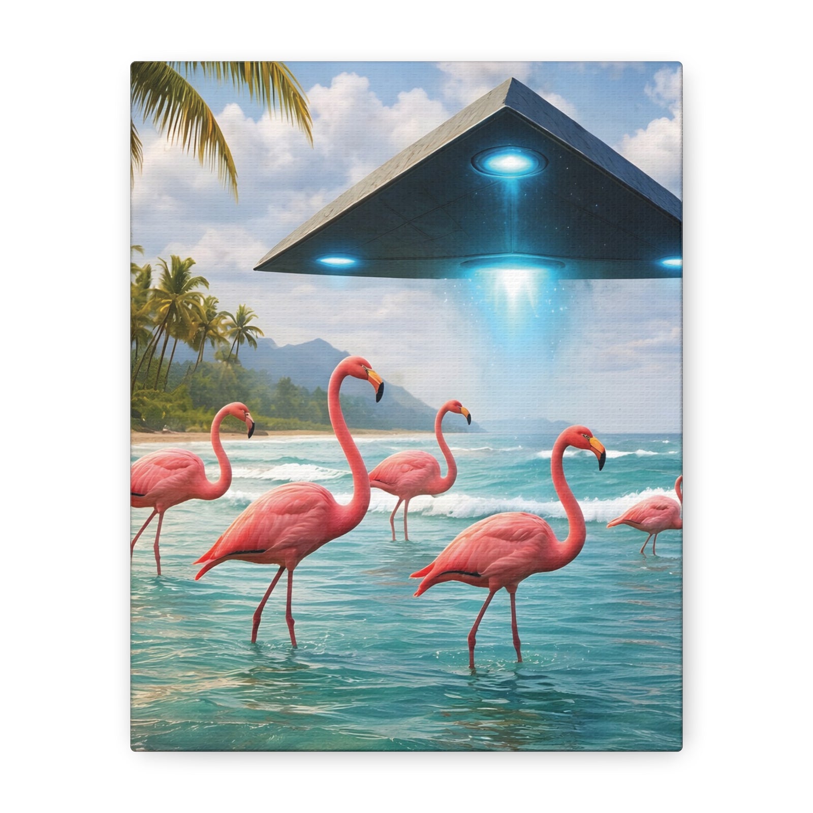 Matte Canvas Print — Flamingos & UFO Beach Wall Art
