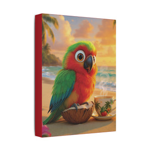 Tropical Beach Canvas - Tiki the Parrot Sunrise Wall Art, Dark Red