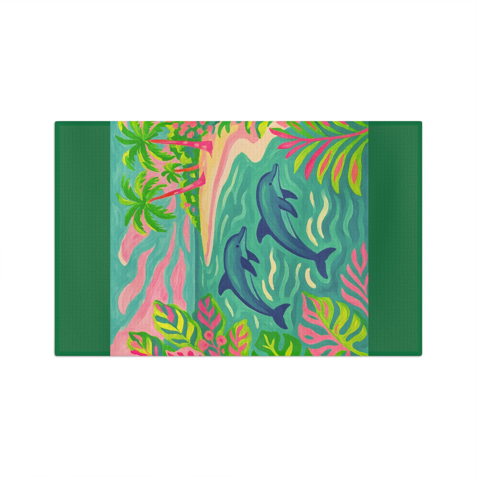 Tropical Microfiber Coffee/Tea Towel ~ Jumping Dolphins, Dark Green