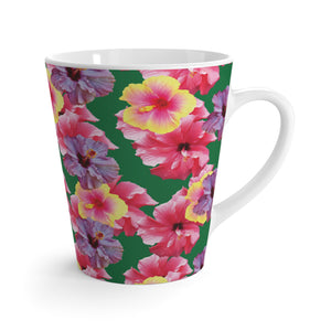 Latte White Mug - Real Hisbiscus Flowers Trio/Dark Green