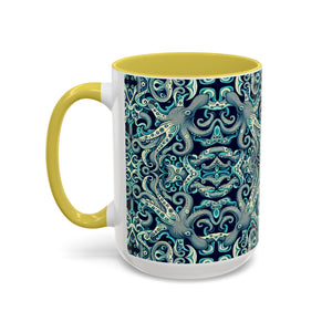 Accent Color Coffee Mug, Many Colors - 11oz & 15oz / Twisted Aqua Octopus