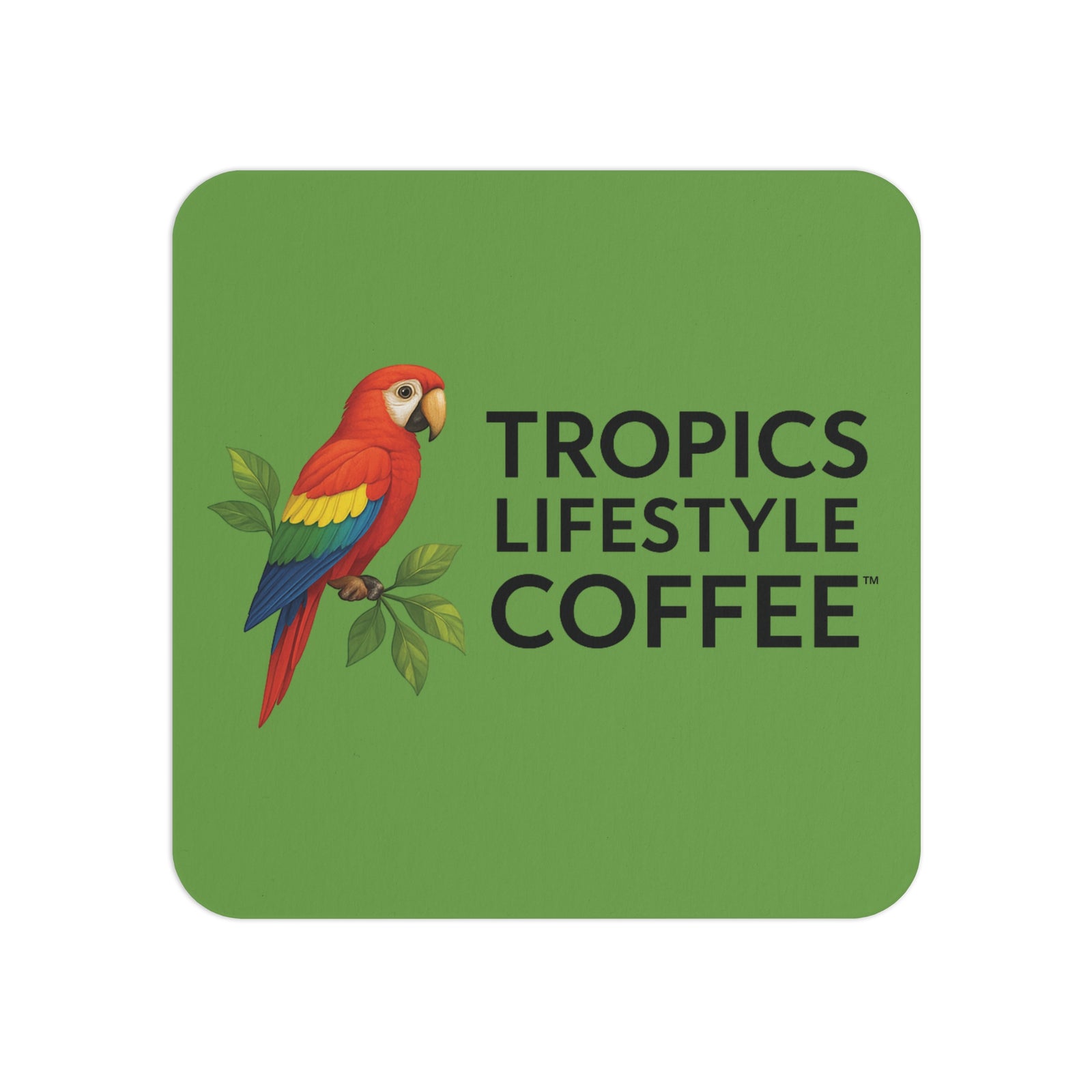 Bulk Durable Hardboard Coffee Coasters — Tropics Lifestyle Coffee Parrot Logo (50/100 pcs), green