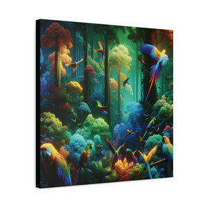 Tropical Parrots Canvas Wall Art — Vibrant Flight School Jungle Scene Matte