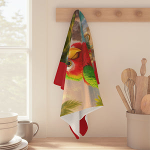 Tropical Microfiber Coffee/Tea Towel — Tiki the Parrot at Beach, V2