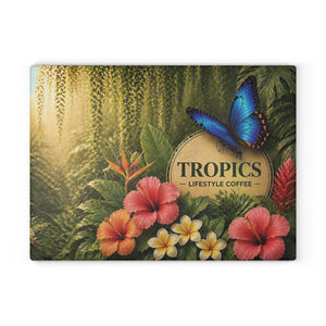 Glass Coffee Station Tray - 'Tropics Lifestyle Coffee Rainforest Butterfly