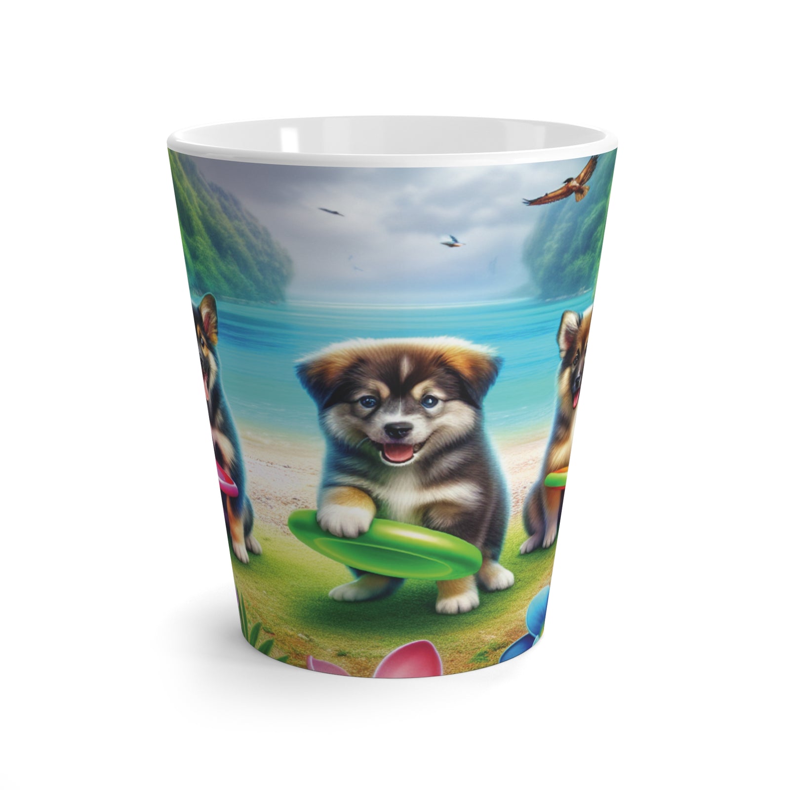 Latte White Mug - Puppies Playing Frisbee at Beach