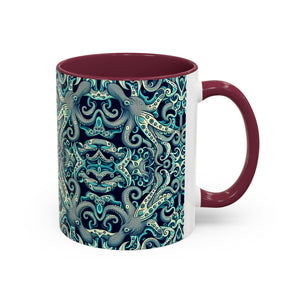 Accent Color Coffee Mug, Many Colors - 11oz & 15oz / Twisted Aqua Octopus