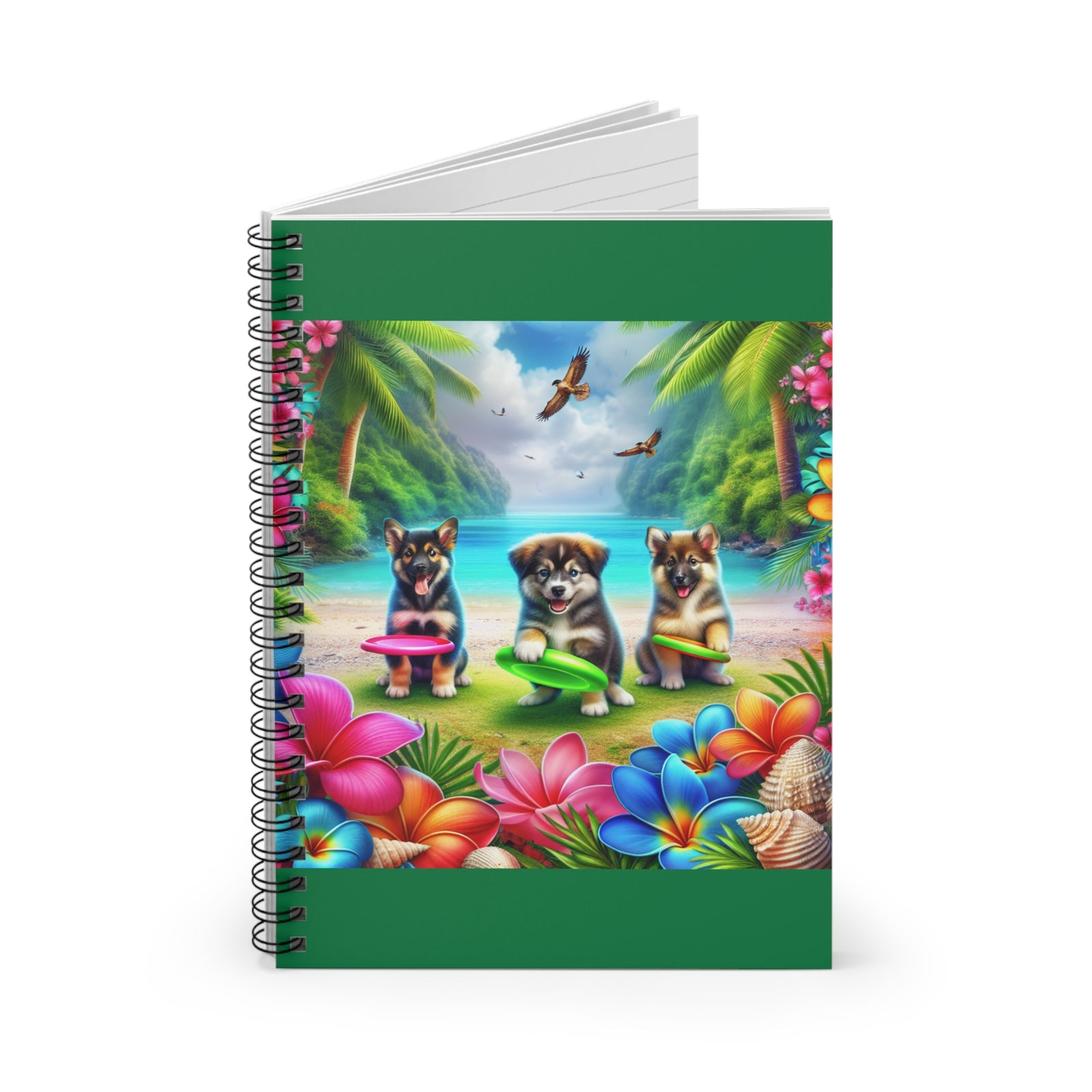 Tropical Paradise 6" x 8" Spiral Notebook - Ruled Line / Puppies Playing Frisbee