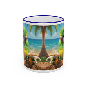 Accent Rim & Handle Coffee Mug ~ Lulu the Parrot Drinking Coffee