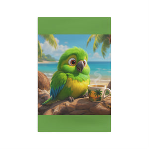 Tropical Coffee/Tea Towel — Lulu the Parrot at Beach, Green