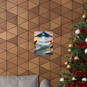 Surfing Encounter UFO Poster — Matte Vertical Sci‑Fi Beach Art Print