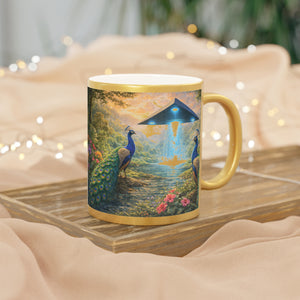 Tropical Metallic Mug, Gold or Silver - UFO & Peacocks