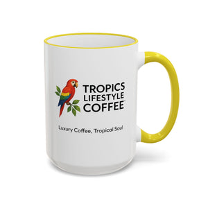 Accent Rim & Handle Coffee Mug ~ Tropics Lifestyle Coffee Parrot Logo