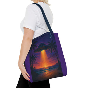 UFO at Beach Sunset Tote Bag, Purple - 3 Sizes