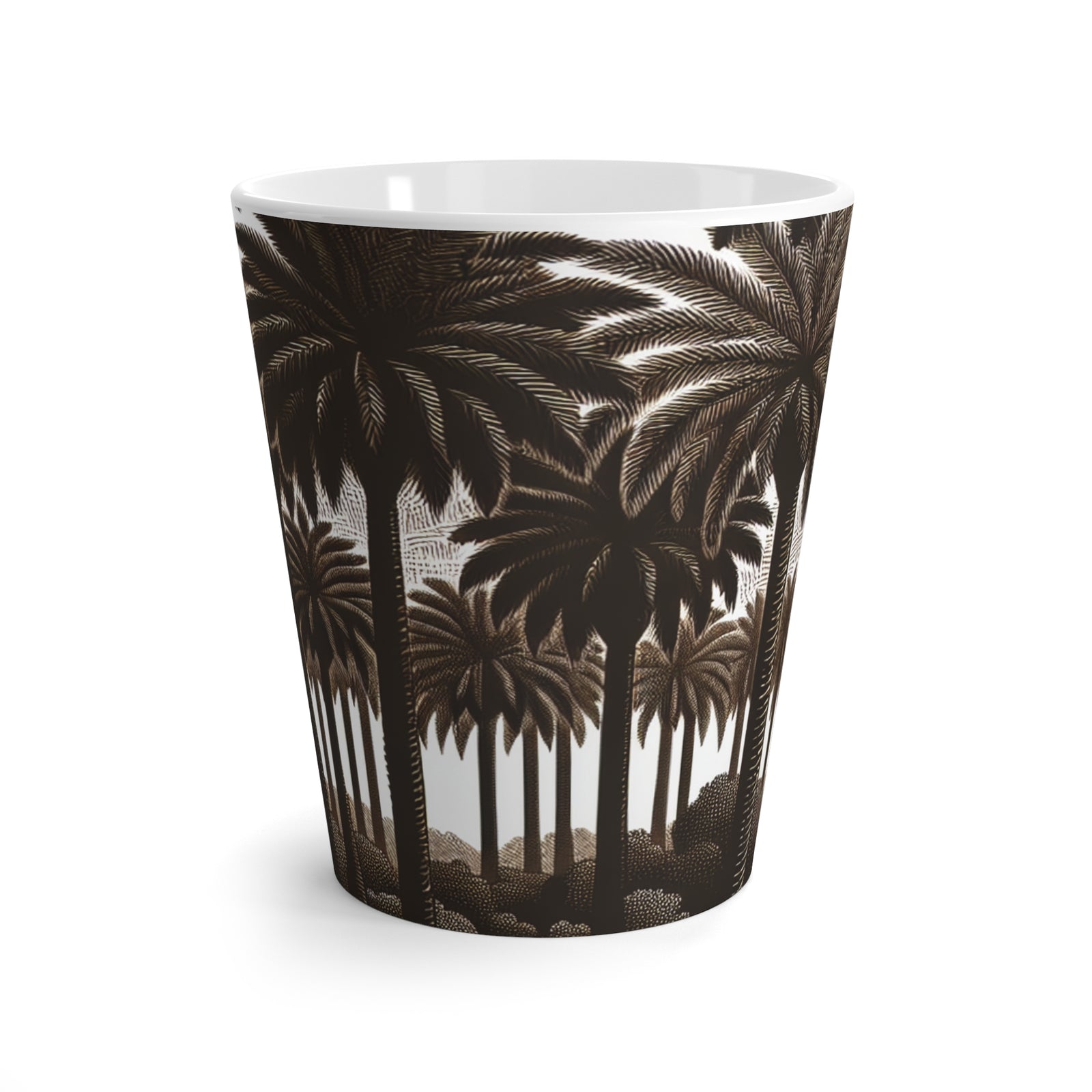 Latte White Mug - Perfect for Coffee Enthusiasts / Woodcut Palm Grove