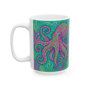 Ceramic White Mug - 11oz & 15oz, Purple Octopus Kraken Joe
