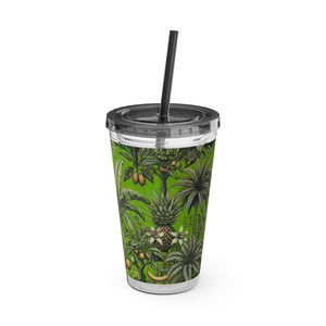 Tropical Tumbler with Straw | 16 oz: Tropical Palms & Fruit, Green