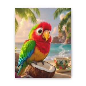 Tropical Parrot Canvas Wall Art — Colorful Beach Scene with Coffee Cup