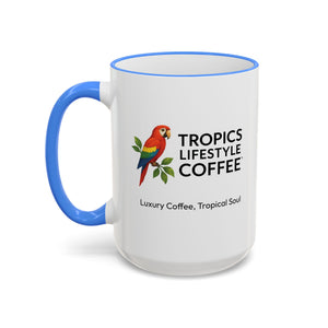 Accent Rim & Handle Coffee Mug ~ Tropics Lifestyle Coffee Parrot Logo