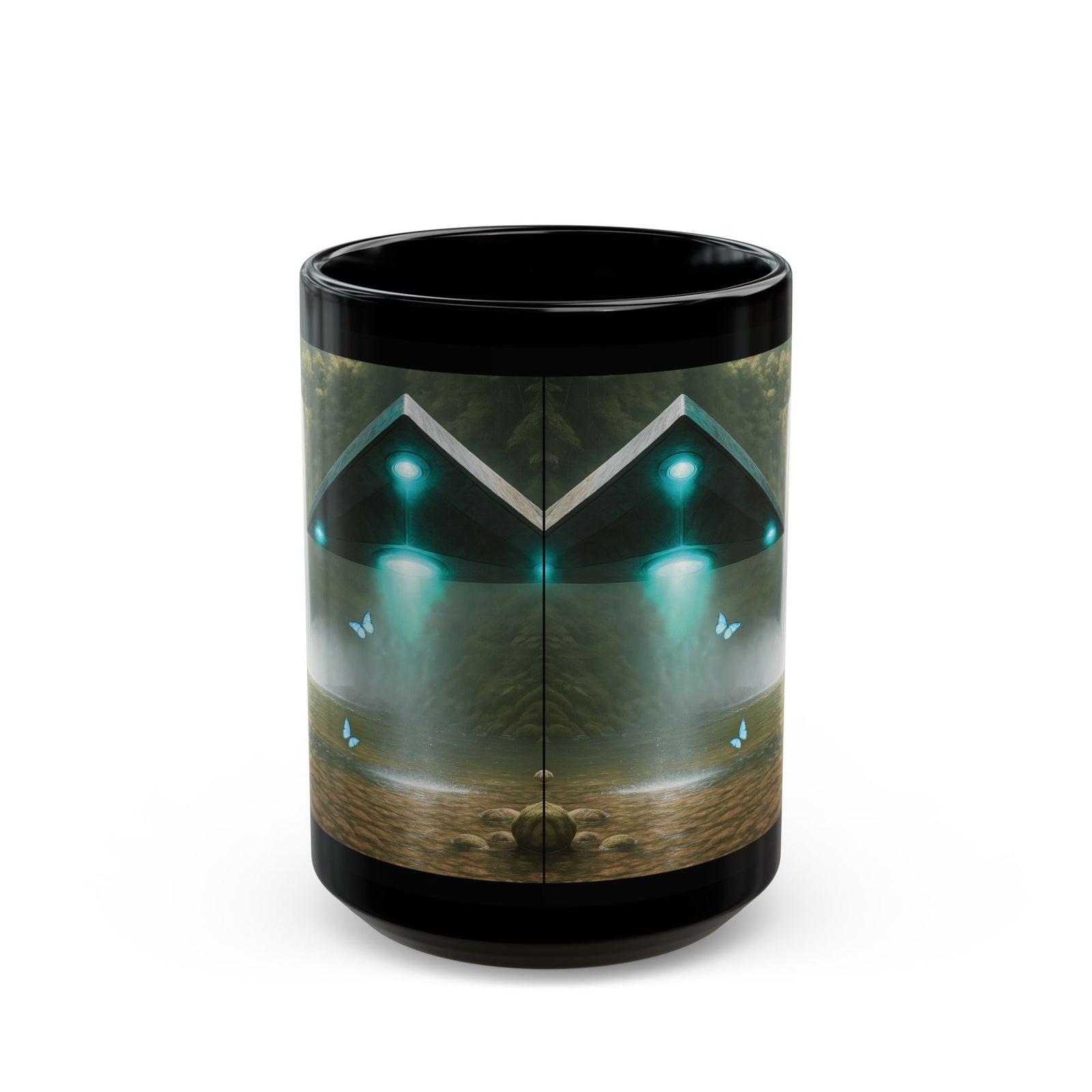 Black Coffee Mug - UFO and Waterfall