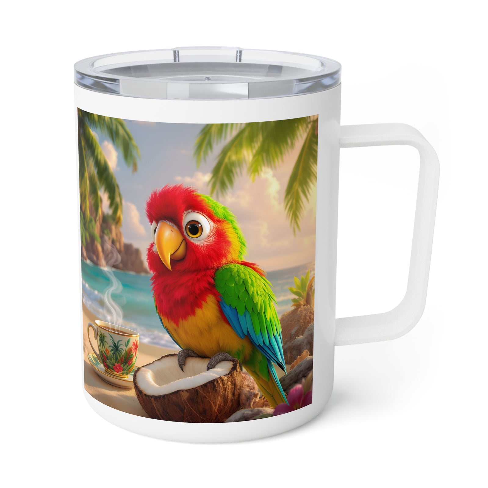 10oz Insulated Coffee Mug — Tiki the Parrot at Beach, v2