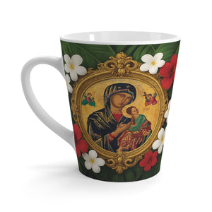Religious Latte White Mug - Our Lady of Perpetual Help, Virgin Mary, Red Flowers