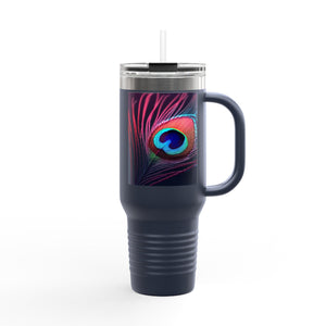Insulated Travel Mug, 40oz / Peacock Eye Feather, Magenta - Perfect for Outdoor Adventures