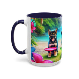 Cute Beach Puppies Playing Frisbee - Black Coffee Mug - Perfect Gift for Dog Lovers