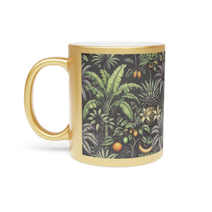 Tropical Metallic Mug, Gold or Silver - Tropical Palms & Fruit, Black