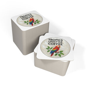 Bulk Hardboard Coffee Coasters -  Parrot MOP Logo (50/100 pcs), white