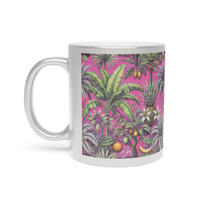 Tropical Metallic Mug, Silver - Tropical Palms & Fruit, Pink