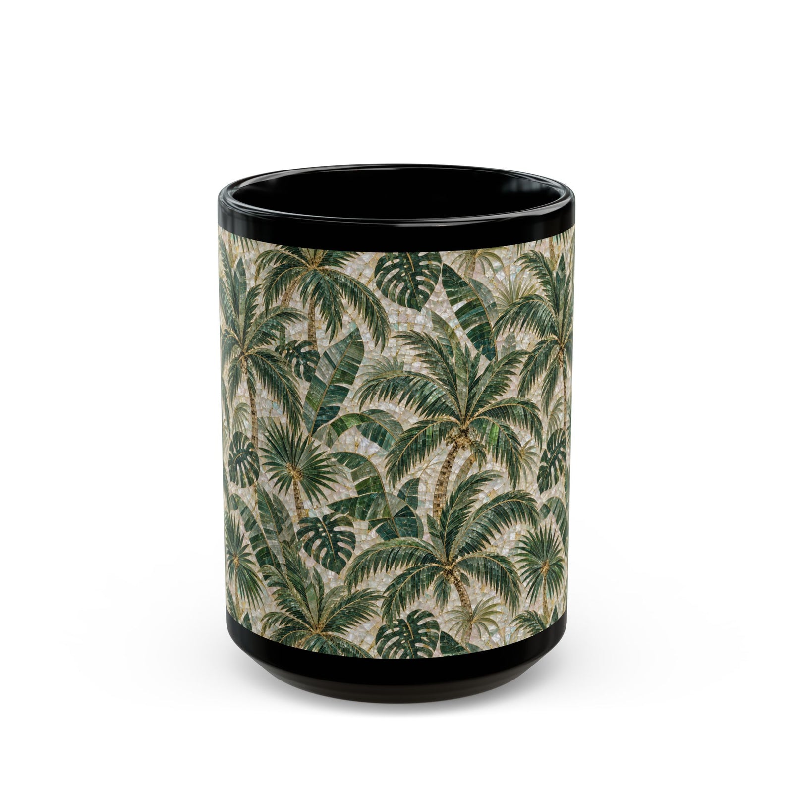 TropicalBlack Mug, 11 & 15 oz – Botanical Palm Mosaic Coffee Cup